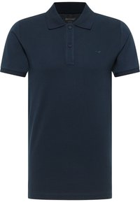 Granatowa koszulka polo z bawełny, z trzema guzikami w dekolcie, krótkimi rękawami oraz małym haftowanym logo na piersi.