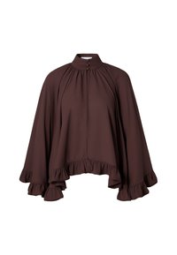 Blouse marron fluide avec un col haut, un ourlet festonné et des détails de boutons, fabriquée à partir d'un tissu léger. Dispose de manches longues avec des détails froncés.