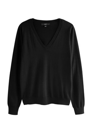 Black v-neck sweater with long sleeves, displayed flat against a neutral background, showcasing its soft fabric and simple design.