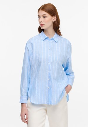 Light blue button-up shirt with white vertical stripes, long sleeves, and a spread collar, crafted from a lightweight fabric.