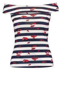 Top bez ramínek s námořnickými a bílými vodorovnými pruhy a červeným květinovým potiskem. Vyrobeno z měkké, elastické látky s přiléhavým střihem.