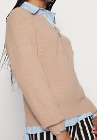Beige knitted sweater with long sleeves, featuring a zip neck and a light blue collared shirt layered underneath. Striped pants visible below.