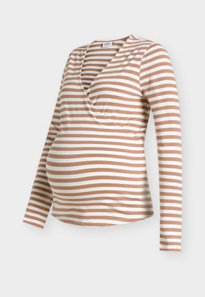 Graviditet langærmet top med beige og hvide horisontale striber og et V-hals crossover-design.