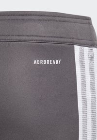 Graue Sportshorts aus strukturiertem Stoff mit AEROREADY-Branding und weißen seitlichen Streifen für Belüftung. Ideal für aktive Freizeitkleidung.