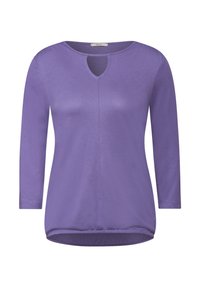 Maglia viola a maniche lunghe realizzata in tessuto morbido. Presenta un collo rotondo con un'apertura a forma di chiave e un orlo leggermente curvato nella parte inferiore.