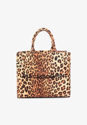 Leoprint-Einkaufstasche mit zwei Henkeln, aus glattem Material, vorne mit schwarzem Logo-Schriftzug, offenem Oberteil.