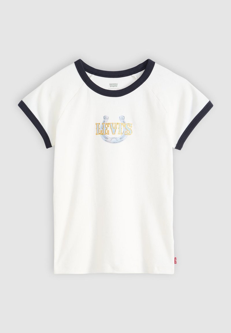 Weißes T-Shirt mit kurzen Ärmeln und navyblauem Rippenkragen. Verziert mit "LEVI'S" in gelber und navyblauer Stickerei sowie einem lächelnden Logo-Design. Aus weichem Baumwollstoff.
