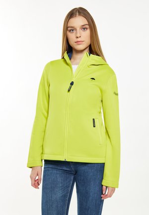 Giacca zip-up verde lime realizzata in tessuto morbido, con cappuccio, tasche laterali e un piccolo logo nero sul petto.