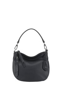Sac à épaule en cuir noir avec une finition texturée, une forme incurvée, une poignée courte et une petite poche extérieure. Présente un détail de fermeture éclair.