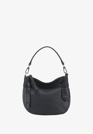 Sac à épaule en cuir noir avec une finition texturée, une forme incurvée, une poignée courte et une petite poche extérieure. Présente un détail de fermeture éclair.