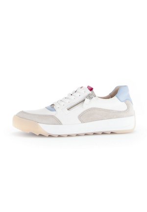 White sneaker with gray suede accents, light blue details, and a zipper on the side. Thick rubber sole with a textured pattern for grip.