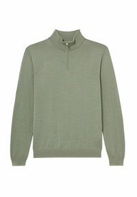 Pulover verde deschis dintr-o țesătură cu nervuri, prevăzut cu un guler înalt și un detaliu cu fermoar de un sfert la gât. Mâneci lungi cu mansete strânse.