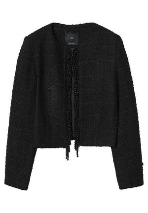 Schwarze strukturierte, gekürzte Jacke mit langen Ärmeln, rundem Halsausschnitt und dekorativem schwarzen Perlenbesatz entlang der vorderen Öffnung.