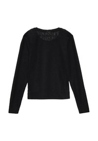 Zwarte langekousen top met een gestructureerde afwerking, ronde halslijn en een doorschijnend kantpaneel aan de achterkant, ontworpen voor een getailleerde silhouet.