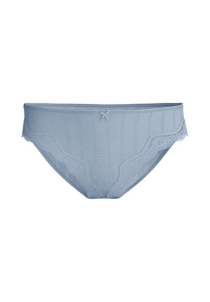Lichtblauwe dames bikinionderbroek met kanten rand, verticale strepen en een klein strikje aan de voorkant, afgebeeld tegen een witte achtergrond.
