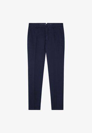 Námornícke nohavice v upravenom strihu, vyrobené z hladkej tkaniny. Obsahujú klasické zapínanie na gombík, dve predné vrecká a čistý lem.