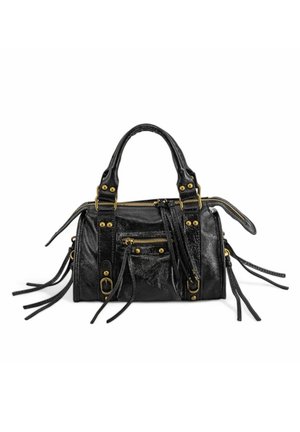 Sac à main en cuir noir avec double poignée, clous dorés, plusieurs fermetures éclair et pompons décoratifs sur les côtés et la poche avant.