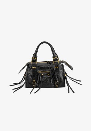 Sac à main en cuir noir avec double poignée, clous dorés, plusieurs fermetures éclair et pompons décoratifs sur les côtés et la poche avant.