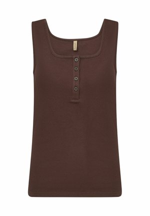 Débardeur brun côtelé avec un décolleté carré et une patte de boutonnage à six boutons. Le tissu est doux, avec une silhouette ajustée et sans ornements.