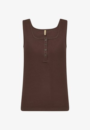 Brūns ribots bezpiedurkņu kreklis ar kvadrātveida dekoltē un sešām pogām. Audums ir mīksts, pieguļošs siluets, bez rotājumiem.