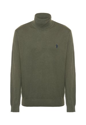 Maglione a collo alto verde oliva in maglia a coste, con un piccolo logo blu navy sul petto a sinistra, maniche lunghe e orlo aderente.