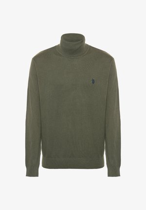 Maglione a collo alto verde oliva in maglia a coste, con un piccolo logo blu navy sul petto a sinistra, maniche lunghe e orlo aderente.