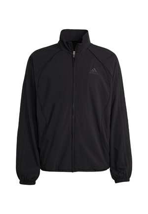 Veste de sport noire avec col haut, fermeture éclair et poignets élastiques. Présente un design ton sur ton à trois bandes sur les manches et un logo sur la poitrine.
