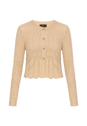 Beige gebreid vest met lange mouwen, een kanten patroon, een gegolfde zoom en vier lichtbruine knopen aan de voorkant.