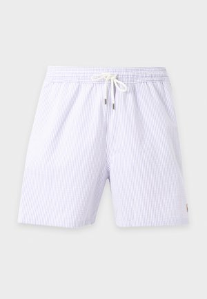 Shorts à taille élastique rayés bleu clair et blanc avec cordon blanc et poches latérales sur un fond uni.