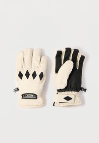 Gants isolants en crème clair et noir, avec un design matelassé, un poignet élastique et des accents en diamant noir à l'avant.