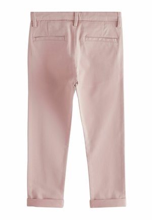 Light pink cotton trousers with rolled cuffs, featuring a smooth texture and two back pockets with piped detailing.