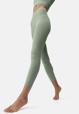 Lichtgroene leggings met een hoge tailleband. De gladde stof heeft gestructureerde naden en een aangesloten ontwerp, perfect voor sportkleding of casual wear.
