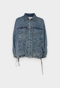 Denim jakk, millel on kraega kaelus, kaks esist askut, elastne hem ja mansetid, pleekinud sinises pesus ning selged õmblusdetailid.