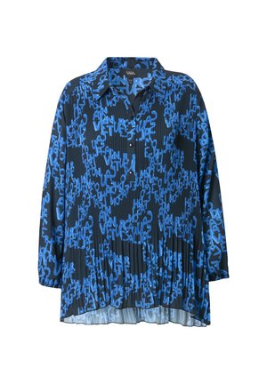 Mustapaita, jossa on sininen abstrakti kirjontasuunnittelu, kauluksellinen kaula-aukko, pitkät hihat ja pleatattu rakenne.