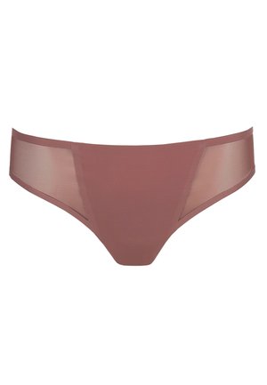 Bikini brief in a dusty rose color featuring a smooth front panel and sheer mesh side panels for a contrast in texture and coverage.