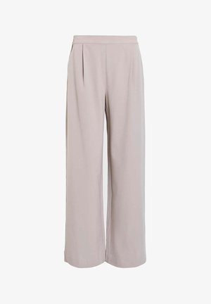 Beige weite Hose mit gefaltetem Vorderteil, aus weichem Stoff gefertigt, mit hoher Taille und ohne sichtbare Taschen oder Verschlüsse.