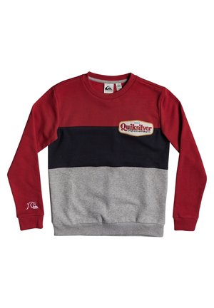 Bluza z długim rękawem, z okrągłym dekoltem, w kolorach czerwonym, czarnym i szarym, z naszywką logo Quiksilver na klatce piersiowej i rękawie.