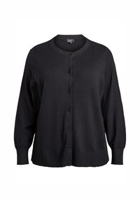 Čierny sveter na zapínanie z mäkkej látky, s okrúhlym výstrihom, zapínaním na gombíky na prednej strane, dlhými rukávmi a rebrovanými manžetami a lemom.