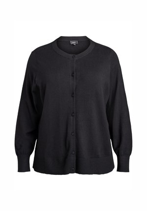 Melns kardigans no mīksta auduma ar apaļu izgriezumu, pogu aizdari priekšpusē, garām piedurknēm un ribotām piedurknēm un apakšmalu.