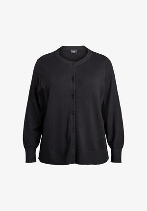 Cardigan nero in tessuto morbido, con scollo rotondo, chiusura frontale con bottoni, maniche lunghe e polsini e orlo a costine.
