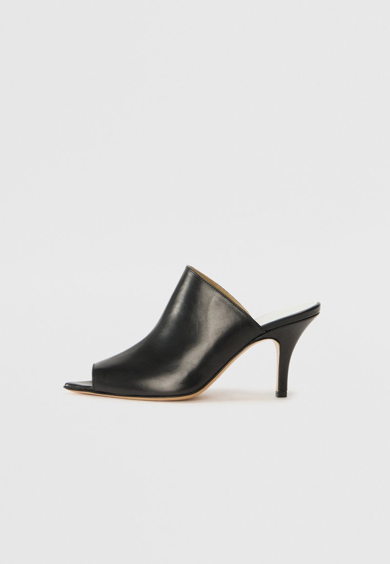 Melna ādas atvērta pirksta mule ar elegantu, izliekta dizaina, augstu stiletto papēdi un gludu tekstūru. Iekšpusei ir kontrastējoša gaiša krāsa.