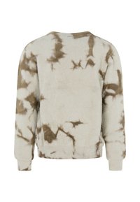Sudadera de forro polar en tie-dye crema y marrón con mangas largas, escote redondo y un acabado suave y texturizado. La vista trasera muestra la distribución del patrón.