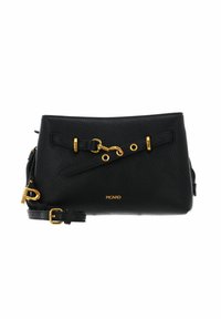 Schwarze Lederhandtasche mit strukturierter Oberfläche, goldfarbenen Beschlägen und einem vorderen Riemendetail. Verstellbarer Schulterriemen und sichtbares Logo.