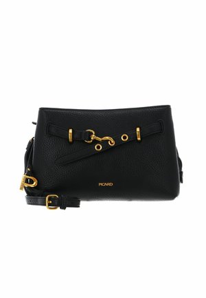 Sac à main en cuir noir avec une finition texturée, une quincaillerie dorée et un détail de sangle à l'avant. Bandoulière réglable et logo visible.