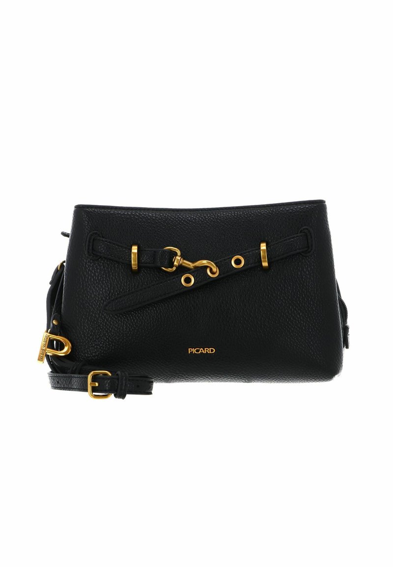 Schwarze Lederhandtasche mit strukturierter Oberfläche, goldfarbenen Beschlägen und einem vorderen Riemendetail. Verstellbarer Schulterriemen und sichtbares Logo.