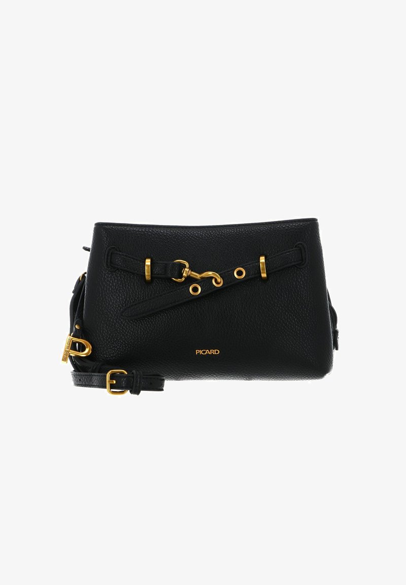 Schwarze Lederhandtasche mit strukturierter Oberfläche, goldfarbenen Beschlägen und einem vorderen Riemendetail. Verstellbarer Schulterriemen und sichtbares Logo.