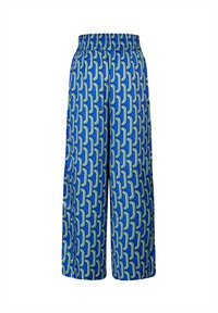 Pantalons cropped bleus avec un motif géométrique en vert et marine, dotés d'une taille élastique et d'une texture lisse. Conception en tissu léger.