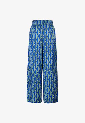 Blauwe cropped broek met een geometrisch patroon in groen en marineblauw, met een elastische tailleband en een gladde textuur. Lichte stofontwerp.