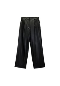 Czarne szerokie spodnie z faux skóry z zapięciem na guzik z przodu, plisowanym wzorem i gładką fakturą, zapewniające luźny krój.