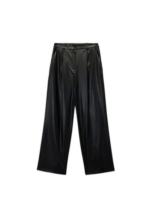 Sorte faux læder wide-leg bukser med frontknaplukning, plisseret design og glat tekstur, der tilbyder en afslappet pasform.